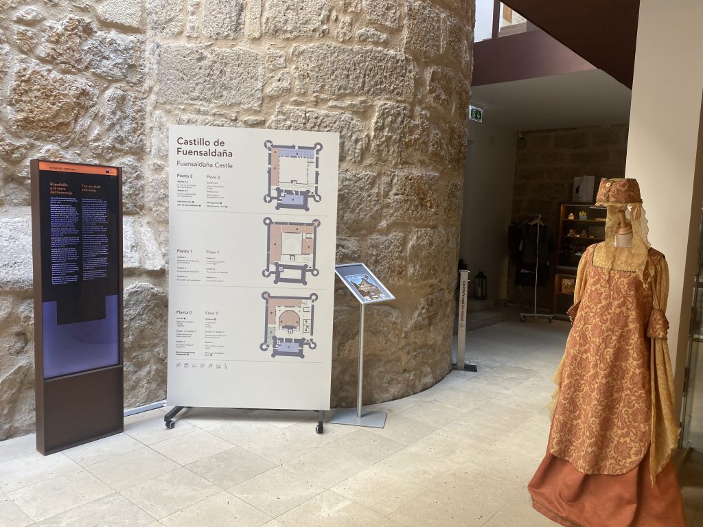 Hall de entrada al lado de recepción, en la foto se ve el mapa del castillo y un traje de época de mujer.